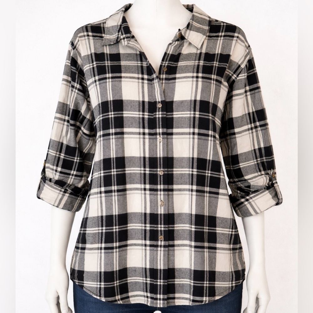 Free Assembly Plaid Cotton Button Down Shirt 3X Black Cream Flannel Fall Core